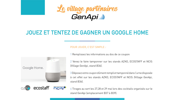Le village partenaires GenApi organise son jeu concours lors du congrès... Venez tenter de remporter une Google Home sur le stand B36 !